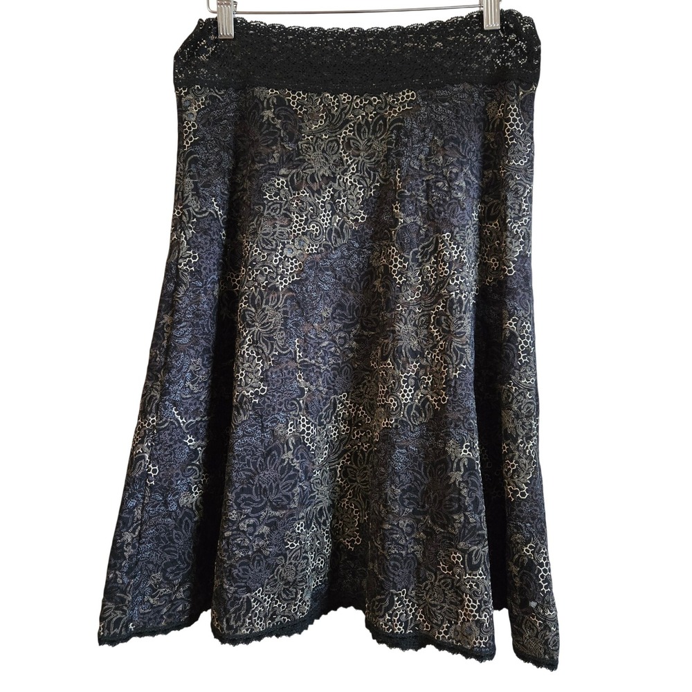Cabi Chic Feminine Floral Lace Overlay A-Line Skirt Black‎ Tan Lace Trim Size M